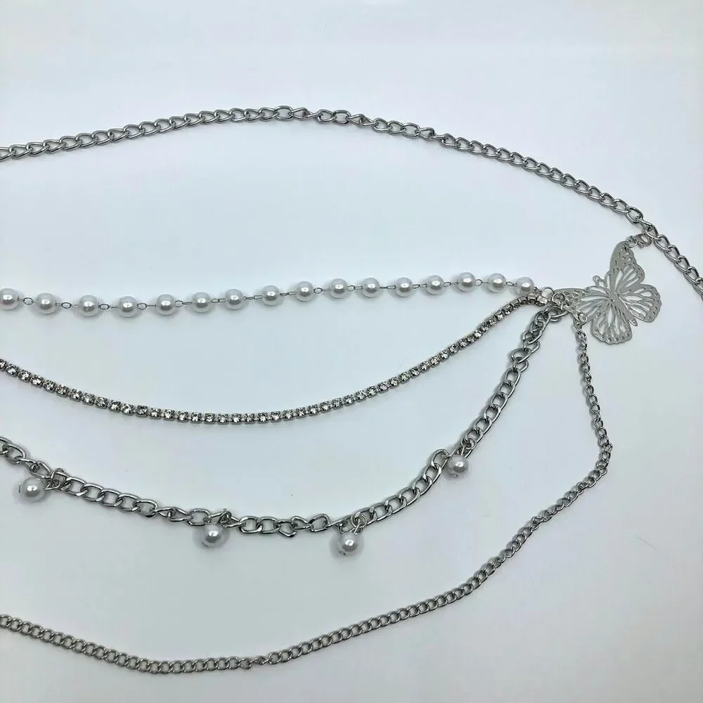 Women's Silver Butterfly Pearl Layered Chain Belt, 35 Inches, X7G9A1046